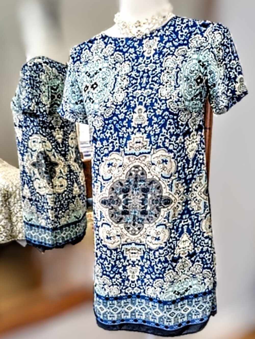 Lulu's Blue Medallion Print Short Sleeve Mini Dress